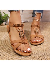 Dark Camel Peep Toe Falt Sandals