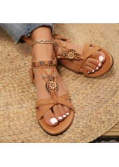 Dark Camel Peep Toe Falt Sandals | thumb picture 