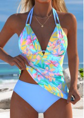 Mid Waisted Floral Print Blue Tankini Set