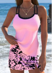 Mid Waisted Tropical Plants Print Pink Tankini Set