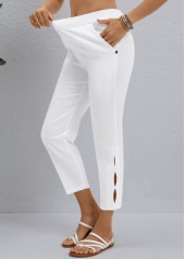 White Button Elastic Waist High Waisted Pants
