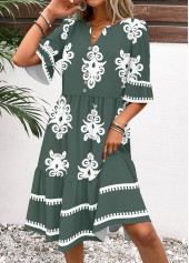 Sage Green Tribal Print Half Sleeve Split Neck Dress