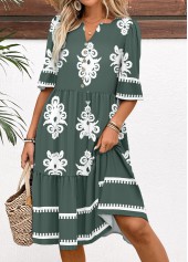 Sage Green Tribal Print Half Sleeve Split Neck Dress | thumb picture 