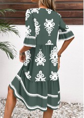 Sage Green Tribal Print Half Sleeve Split Neck Dress | thumb picture 