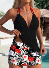 Mid Waisted Tropical Plants Print Black Tankini Set | thumb picture 