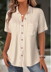 Light Camel Striped Short Sleeve Shirt