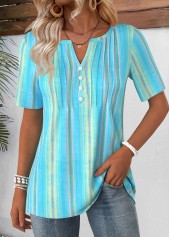 Blue Geometric Print Short Sleeve Split Neck T Shirt