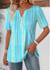 Blue Geometric Print Short Sleeve Split Neck T Shirt | thumb picture 