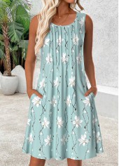 Light Blue Floral Print Short Sleeveless Scoop Neck Dress