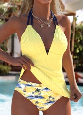 Mid Waisted Tropical Plants Print Light Yellow Tankini Set | thumb picture 
