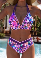 Mid Waisted Floral Print Purple Bikini Set