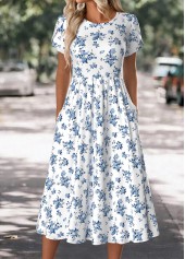 White Floral Print Short Sleeve Round Neck Dress