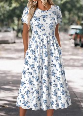 White Floral Print Short Sleeve Round Neck Dress | thumb picture 