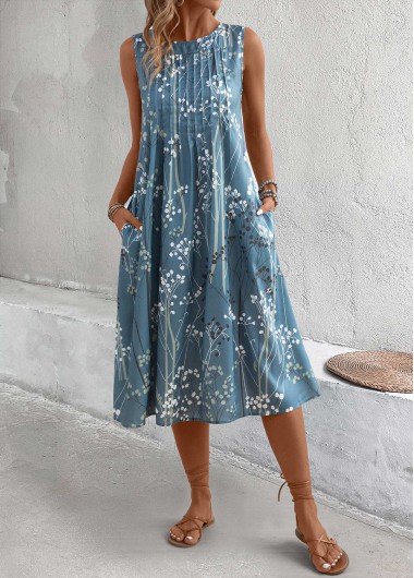 women clothes image of Dusty Blue Plants Print A Line Sleeveless Dress