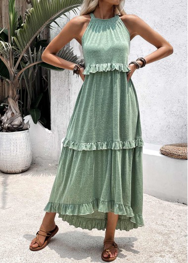 women clothes image of Sage Green Tummy Coverage High Low Sleeveless Dress