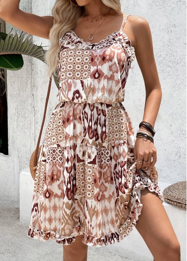 women clothes image of Light Coffee Tribal Print Short Tummy Coverage Strappy Dress