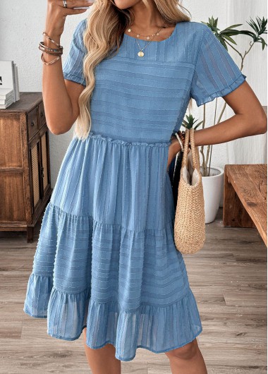 women clothes image of Dusty Blue Tummy Coverage Striped Short Sleeve Dress