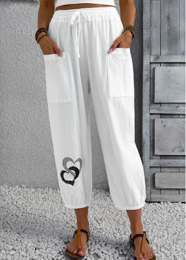 women clothes image of White Heart Print Jogger Elastic Waist High Waisted Pants