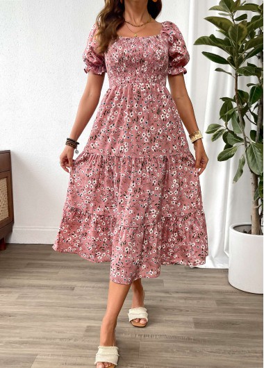 women clothes image of Pink Ditsy Floral Print Patchwork Short Sleeve Dress