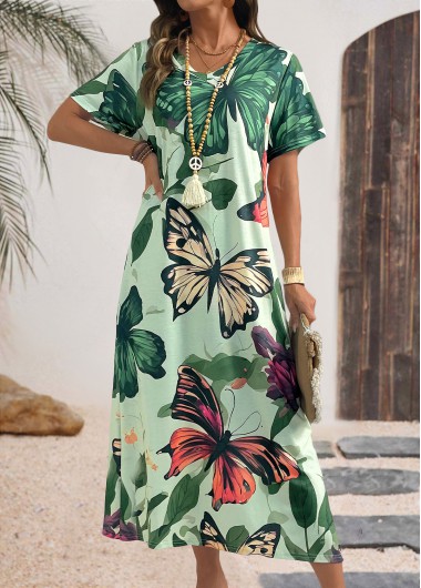 women clothes image of Multi Color Butterfly Print Maxi Short Sleeve Dress