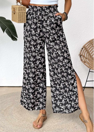 women clothes image of Black Ditsy Floral Print Wide Leg Elastic Waist Pants