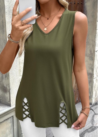 women clothes image of Olive Green Patchwork Sleeveless V Neck Tank Top