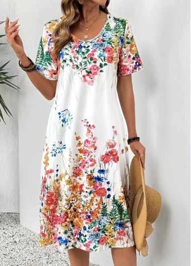 women clothes image of White Floral Print Short Sleeve V Neck Dress