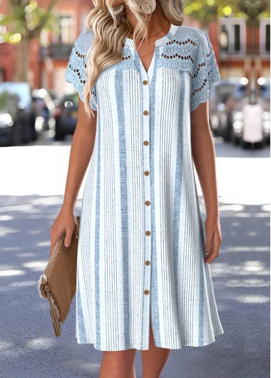 women clothes image of Dusty Blue Striped Short Sleeve Split Neck Dress