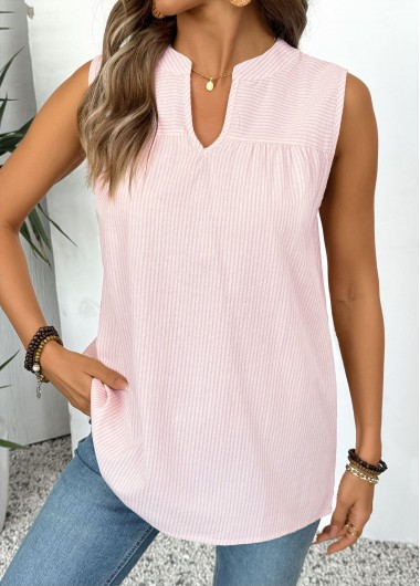 women clothes image of Pink Striped Sleeveless Split Neck Tank Top