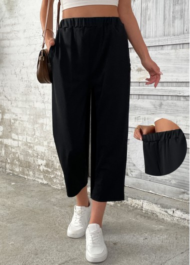 women clothes image of Black Straight Leg Elastic Waist High Waisted Pants
