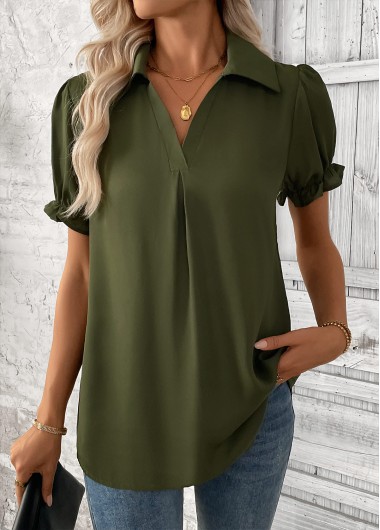 women clothes image of Olive Green Curved Hem Short Sleeve Blouse