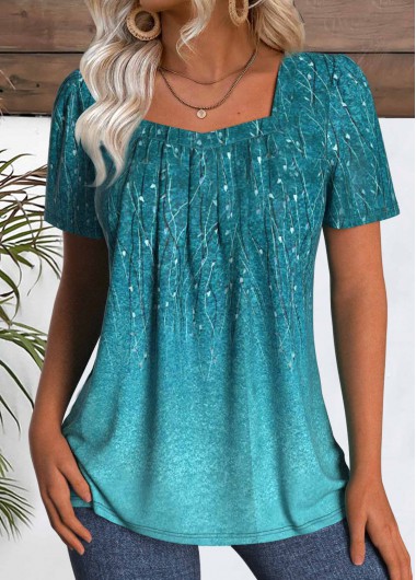 women clothes image of Peacock Blue Leaf Print Short Sleeve T Shirt