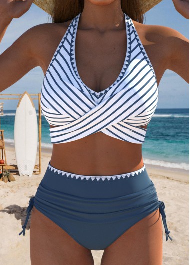 women clothes image of High Waisted Striped Dusty Blue Bikini Set