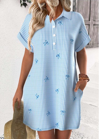 women clothes image of Light Blue Tummy Coverage Striped Short Shirt Collar Dress
