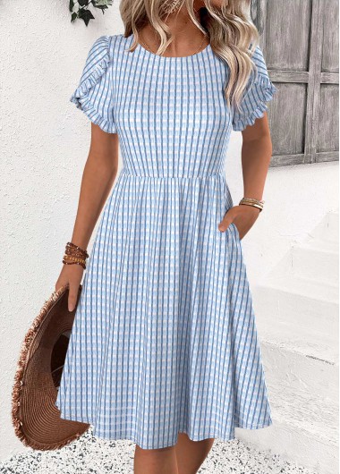 women clothes image of Light Blue Tummy Coverage Short Sleeve Round Neck Dress