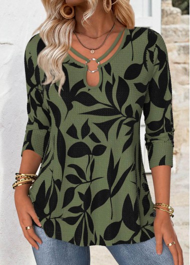 women clothes image of Green Leaf Print Long Sleeve T Shirt