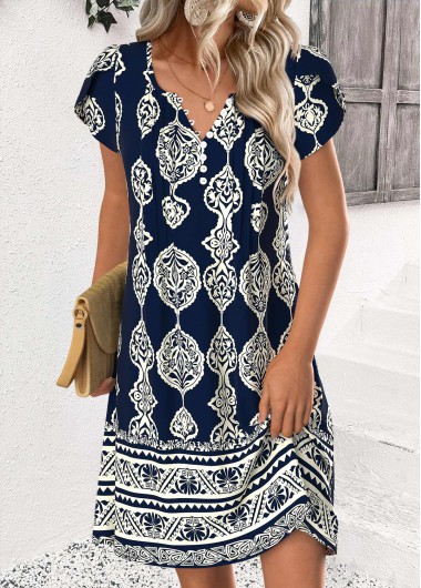 women clothes image of Navy Tribal Print Short Split Neck Dress