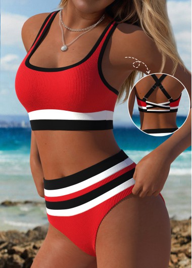 women clothes image of Mid Waisted Striped Red Bikini Set