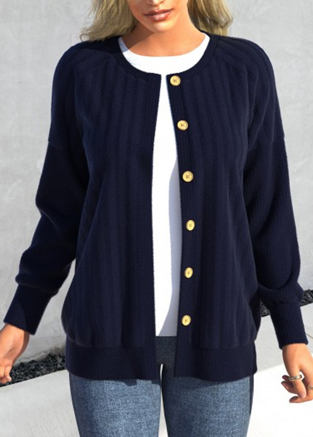 Blue Button Long Sleeve Round Neck Coat | picture 