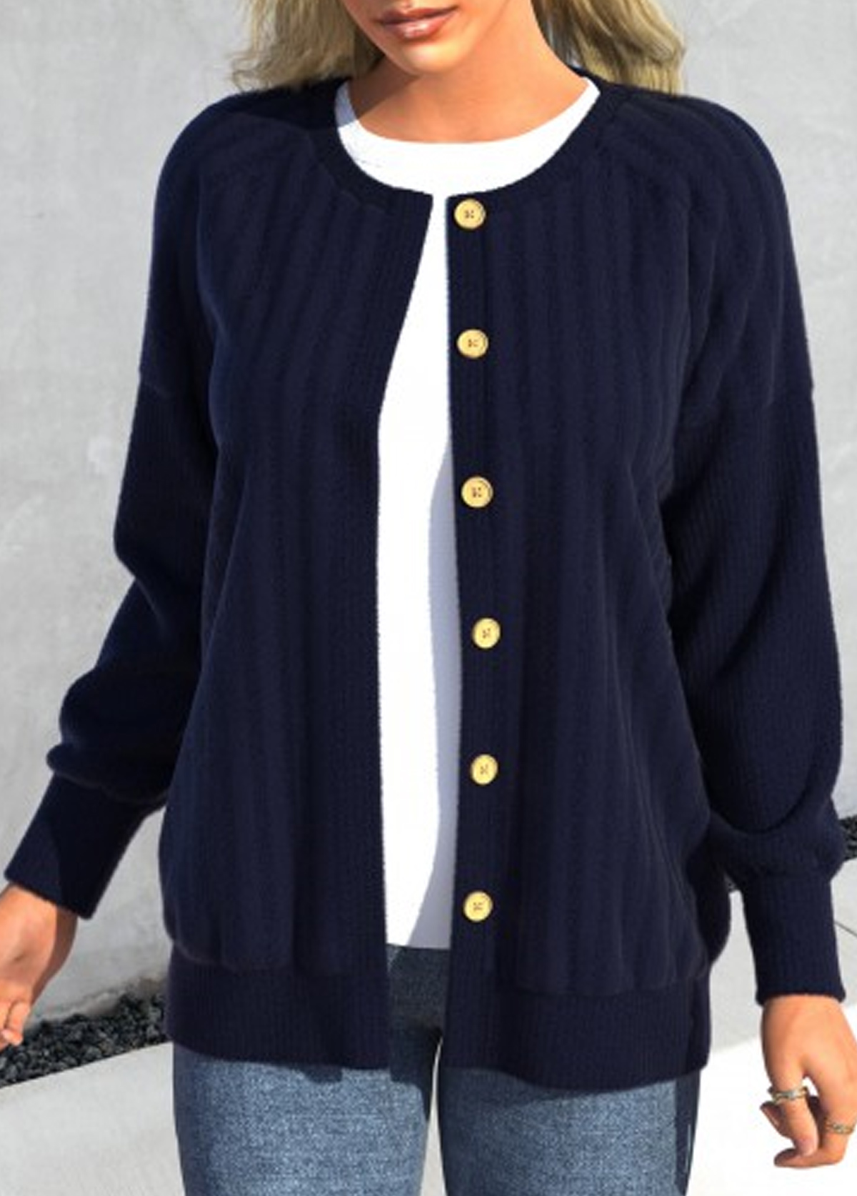 Blue Button Long Sleeve Round Neck Coat | picture 