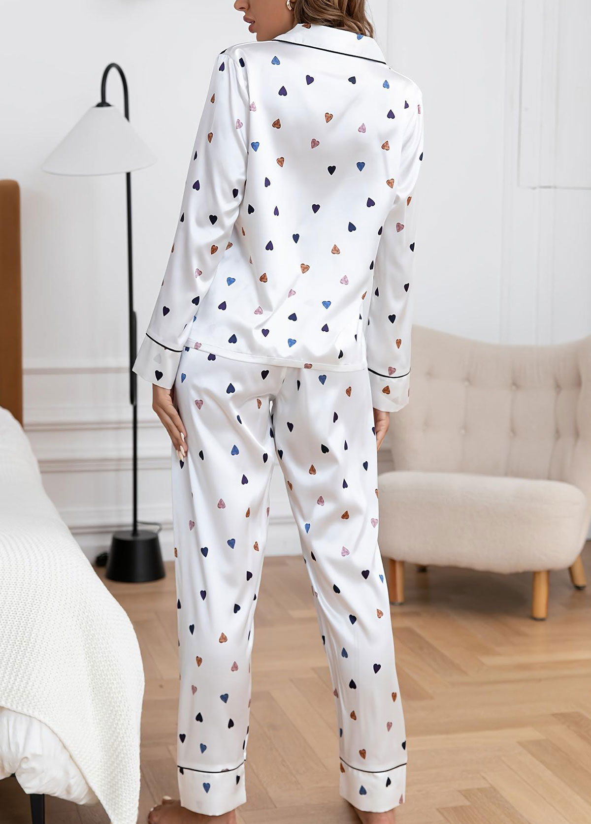 White Heart Print Long Sleeve Lounge Top and Pants | picture 