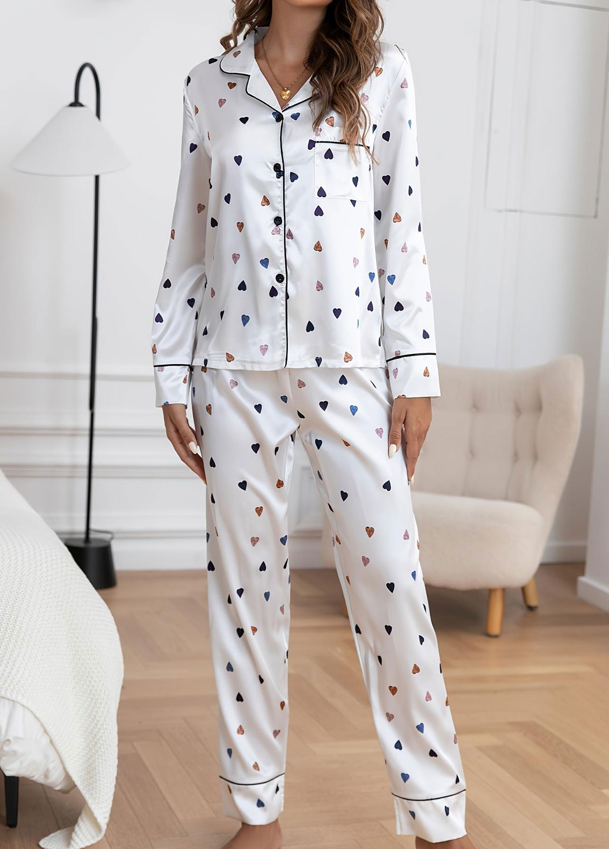 White Heart Print Long Sleeve Lounge Top and Pants | picture 