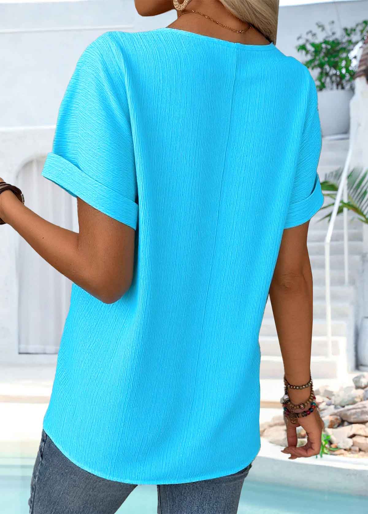Plus Size Blue Button Short Sleeve T Shirt | picture 