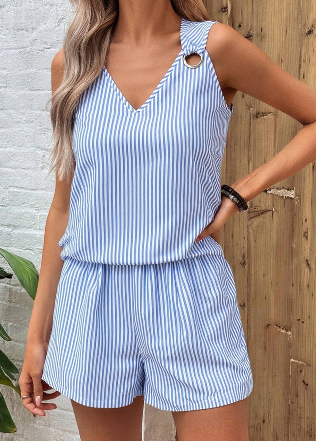 Plus Size Sky Blue Eyelet Striped TOP and Shorts | picture 