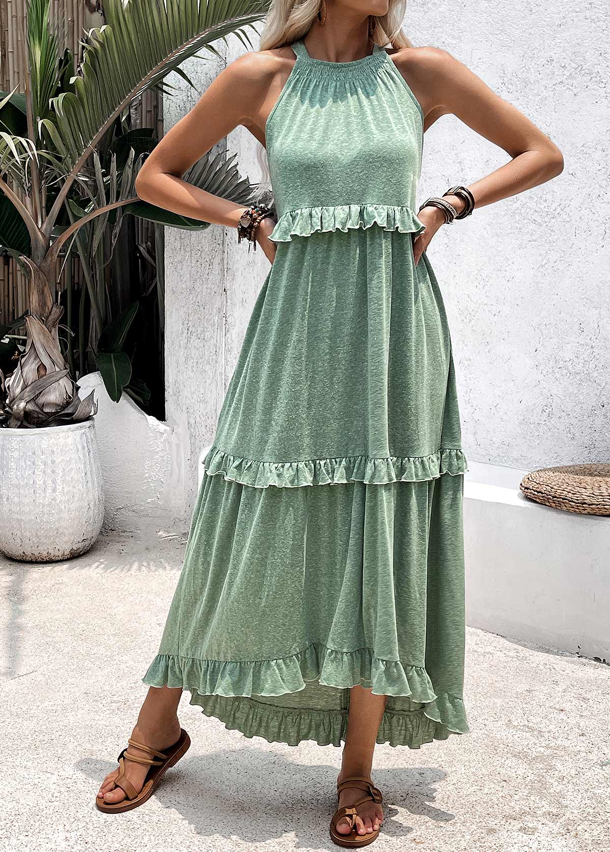 Sage Green Tummy Coverage High Low Sleeveless Dress | picture 
