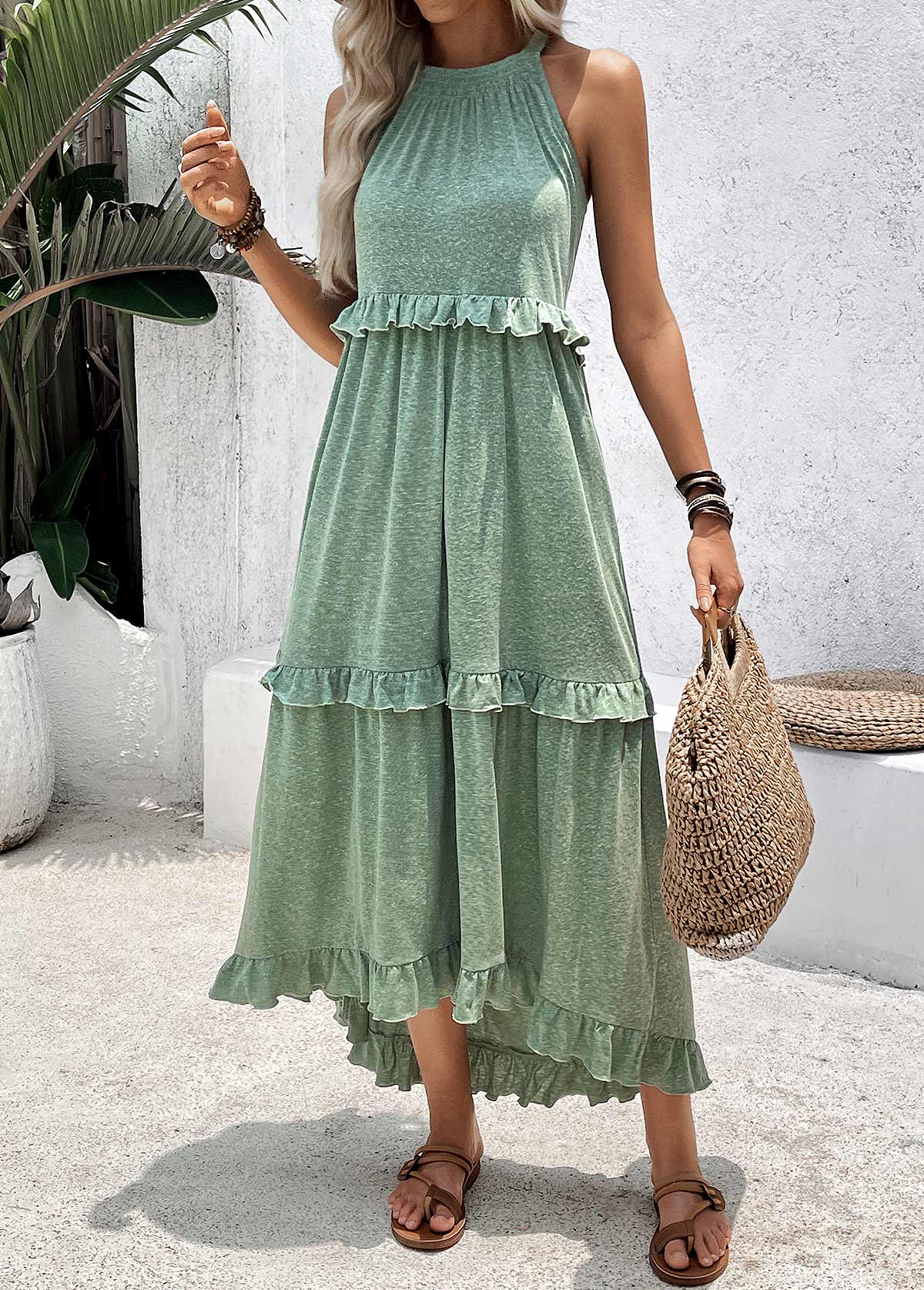 Sage Green Tummy Coverage High Low Sleeveless Dress | picture 