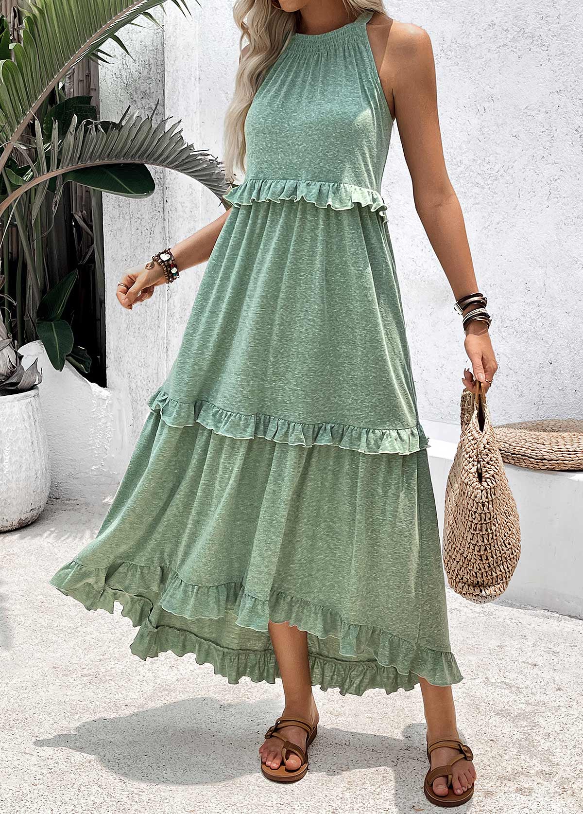 Sage Green Tummy Coverage High Low Sleeveless Dress | picture 
