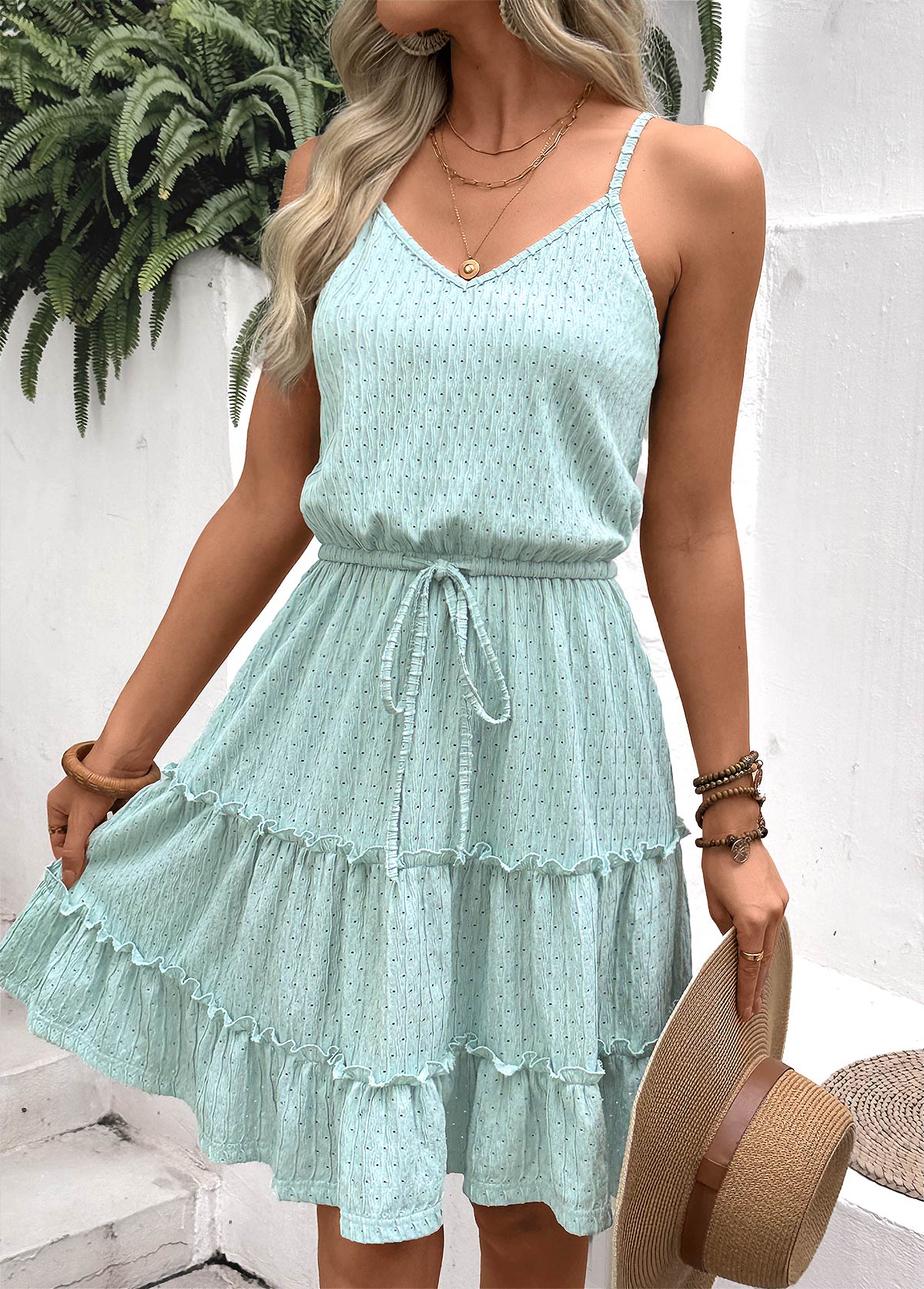 Light Green Tummy Coverage Short Strappy V Neck Dress | picture 