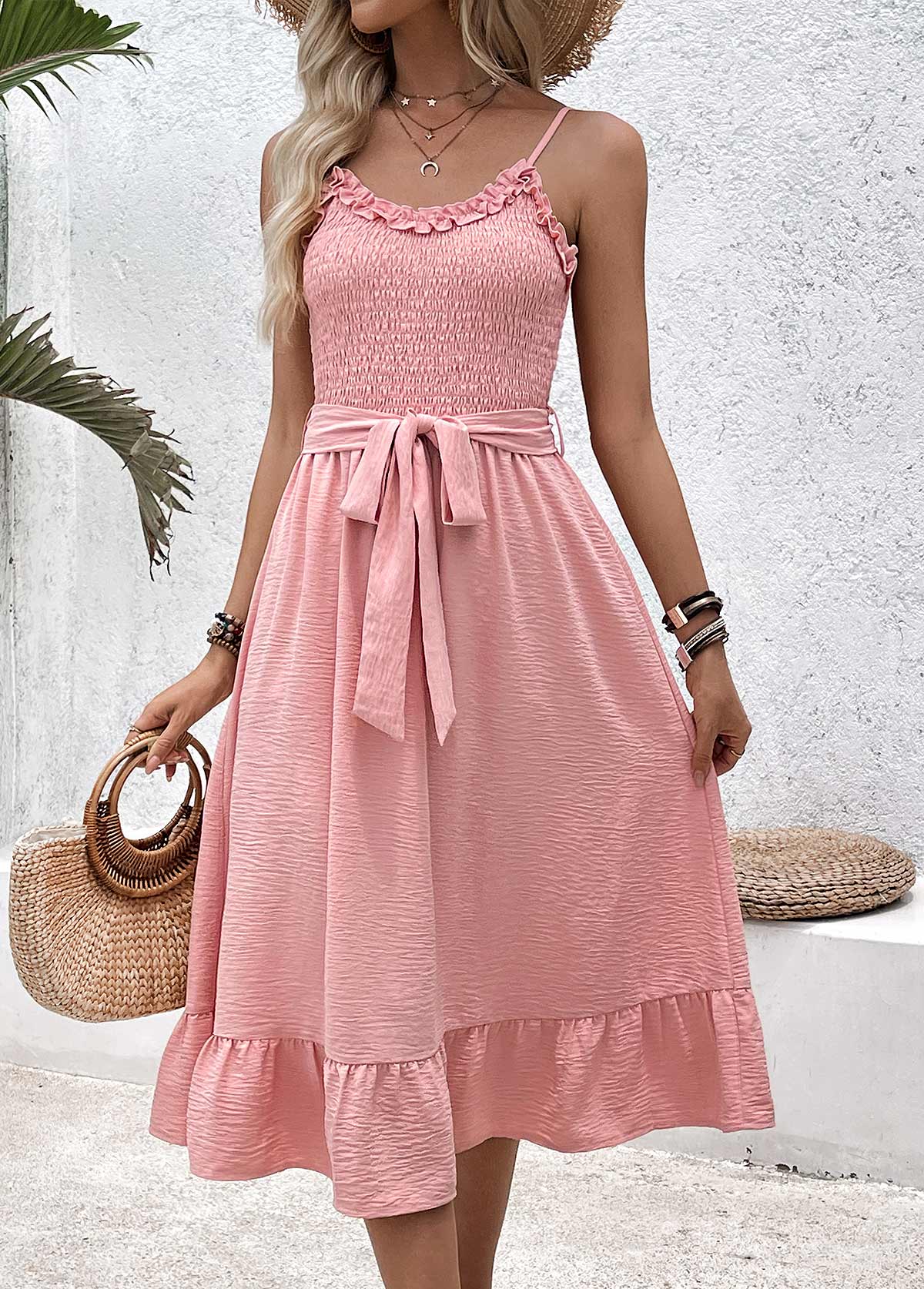 Pink Frill Strappy V Neck Dress | picture 