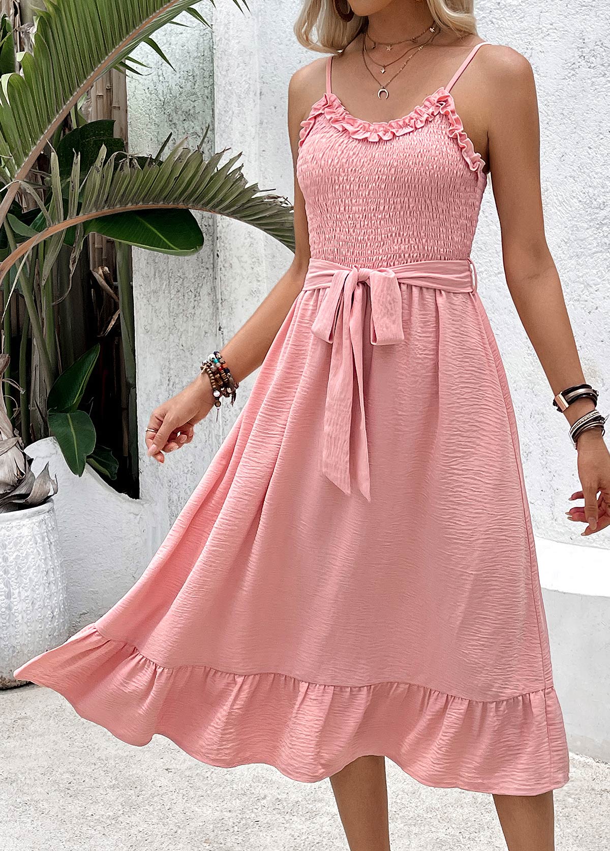 Pink Frill Strappy V Neck Dress | picture 